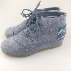 Toms Desert Wedge Bootie Canvas Chambray Lace Up